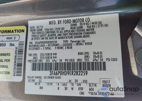 2014 Ford Fusion Se из США, поврежденный, VIN 3FA6P0HD9ER282259